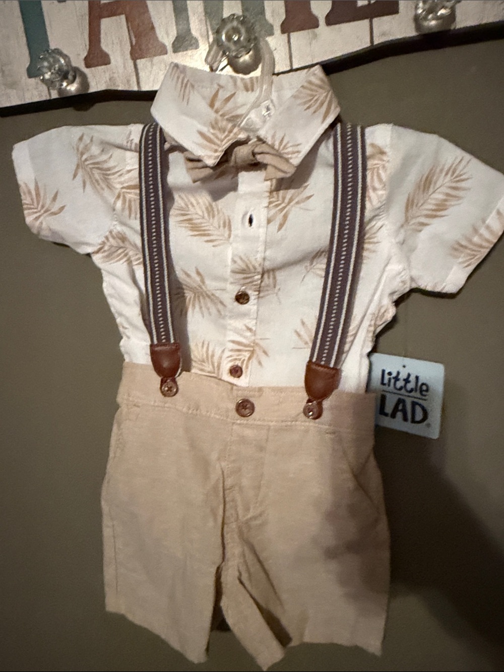 Little LAD Beige Palm-Print Shirt & Tan Suspender Short Set